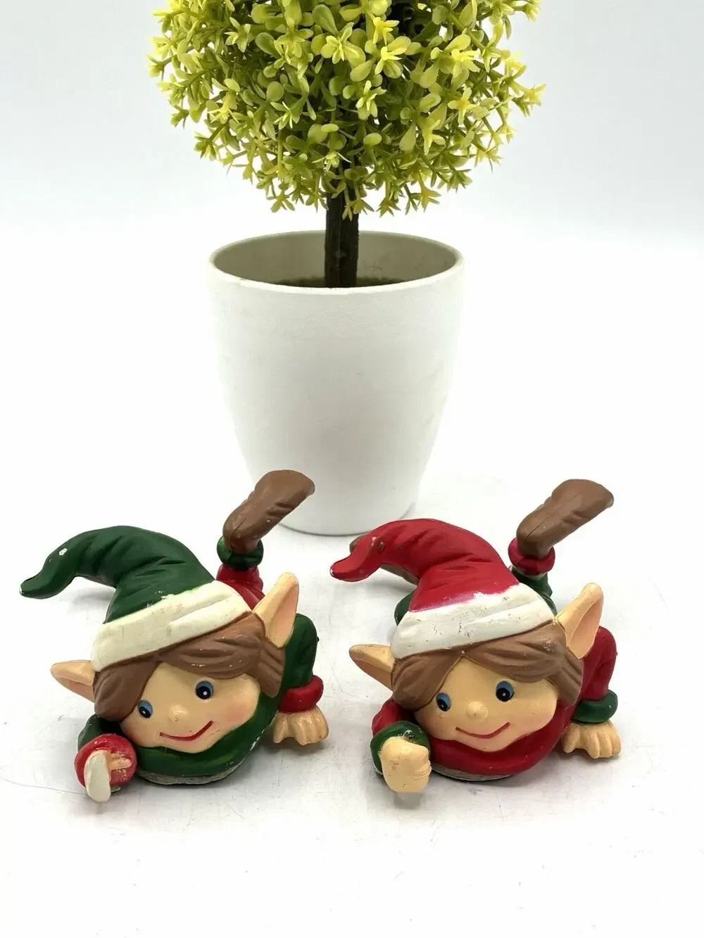 Vintage Pixie Elf Figurines Set of 2 Red Green Shelf Sitters
